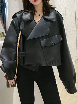 Женская куртка из искусственной кожи, мягкое свободное винтажное байкерское пальто с коротким карманом, черная куртка из искусственной кожи с мотором, осенняя уличная парка