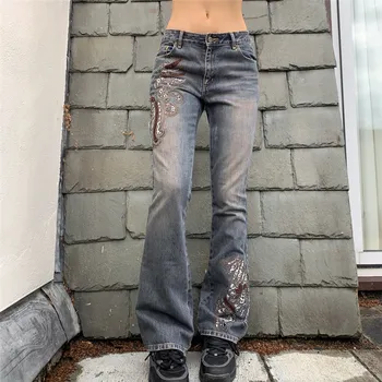 Женские джинсы Harajuku Y2K С принтом, Длинные брюки, Джинсовые брюки на молнии со средней талией, Облегающие Расклешенные Брюки, Винтажная Уличная одежда